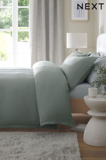 Sage Green Waffle Duvet Cover And Pillowcase Set (T03277) | £35 - £65