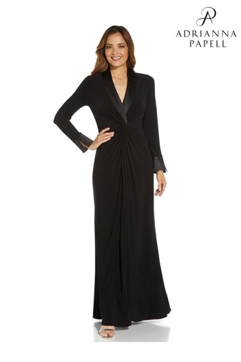 Adrianna Papell Black Jersey Twist Tuxedo Gown (T07138) | £175