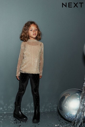 Black/Gold Velour Stud Embellished Leggings (3-16yrs) (T08958) | £8 - £13