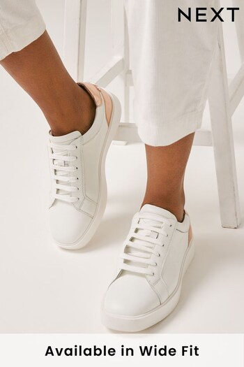 White with Rose Gold Wide Fit Signature Leather Lace-Up Trainers (T10382) | £50