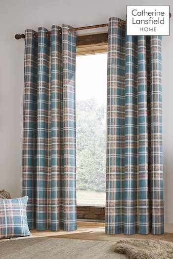 Catherine Lansfield Teal Blue Tweed Woven Check Curtains (T10572) | £21 - £50