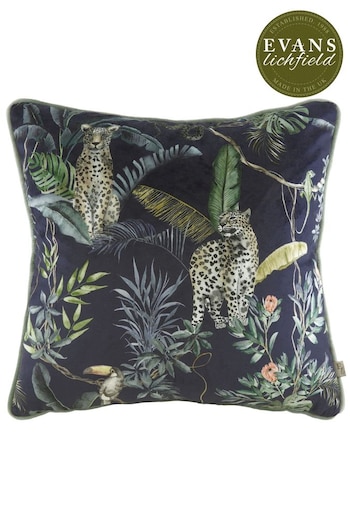 Evans Lichfield Petrol Blue Jungle Leopard Velvet Polyester Filled Cushion (T10962) | £17