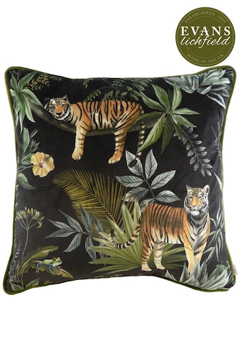 Evans Lichfield Black Jungle Tiger Velvet Polyester Filled Cushion (T11051) | £20