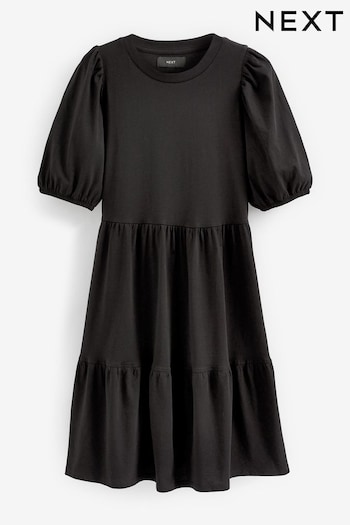 Black Cotton Short Puff Sleeve Tiered Mini Dress (T11292) | £22