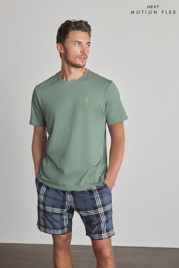 Green/Navy Blue Check Motionflex Cosy Short Pyjamas Set (T11789) | £25
