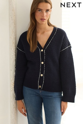 Navy Blue Tipped Gold Button Cardigan (T12326) | £42