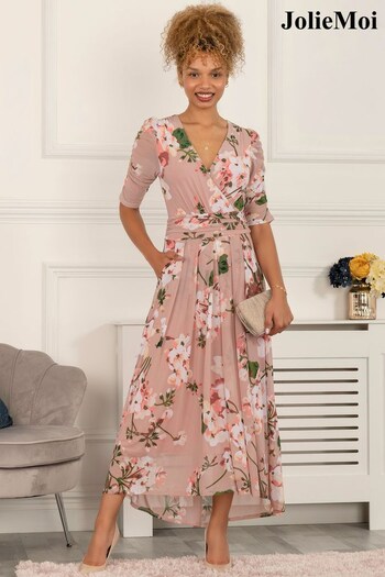 Jolie Moi Pink Gavina Ruched Sleeve Mesh Maxi Dress (T12328) | £89