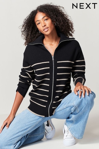 Black/Neutral Stripe Zip Through Knitted Cardigan (T12476) | £39