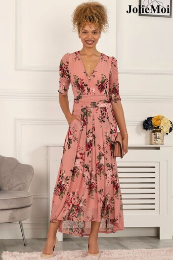 Jolie Moi Pink Haizley Floral Print Mesh Maxi Dress (T12553) | £89