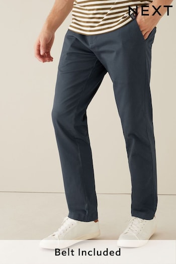 Navy Blue Straight Printed Belted Soft Touch Chino Trousers (T12664) | £30