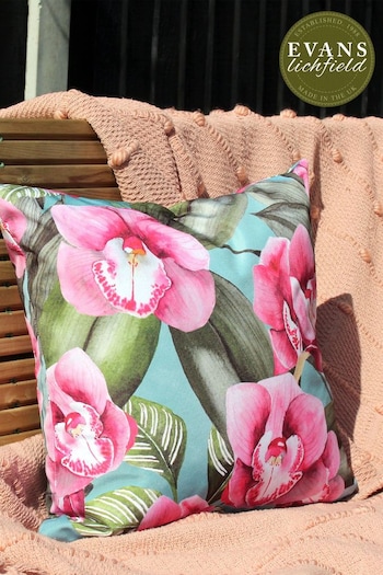 Evans Lichfield Duck Egg Blue Orchids Outdoor Polyester Filled Cushion (T13257) | £19