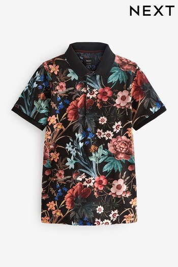 Black Floral Short Sleeve All Over Print Polo Shirt (3-16yrs) (T15862) | £14 - £19