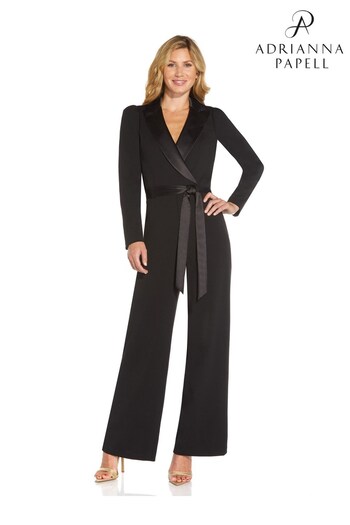 Adrianna Papell Womens Black Knit Crepe Tuxedo Jumpsuit (T16228) | £160