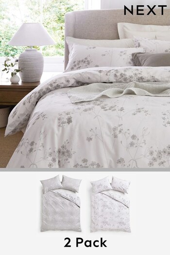 2 Pack Grey leaf Floral Sprig Duvet Cover and Pillowcase Set (T16856) | £32 - £68