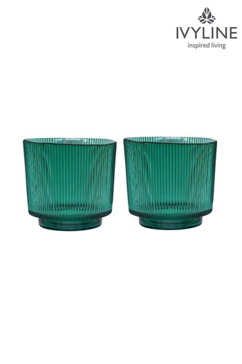 Ivyline 2 Pack Green Green Christmas Ribbed Glass Tealight Holder (T16888) | £32