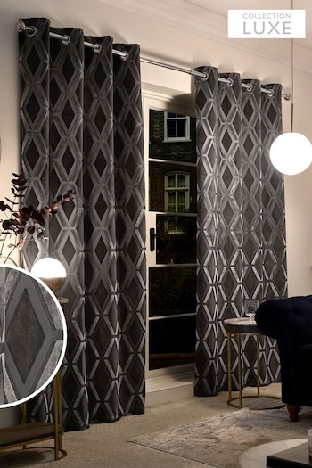 Charcoal Grey Collection Luxe Heavyweight Geometric Cut Velvet Eyelet Lined Curtains (T16914) | £175 - £350