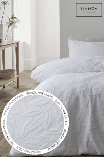 Bianca White Matelasse Jacquard Leaves 200 Thread Count 100% Cotton Duvet Cover and Pillowcase Set (T22024) | £70 - £90