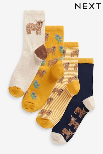 Yellow/Cream Hamish Highland Cow Ankle Socks 4 Pack (T22950) | £10