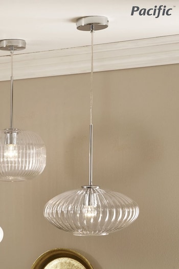 Pacific White Emilia Clear Glass & Silver Metal Ribbed Oval Ceiling Light Pendant (T25574) | £90