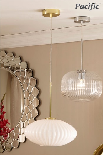 Pacific White Emilia White Glass and Gold Metal Ribbed Oval Ceiling Light Pendant (T25581) | £90