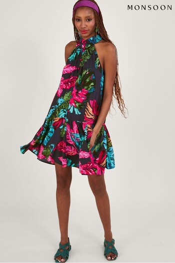 Monsoon Blue Bria Palm Print Halter Dress in Sustainable Viscose (T25899) | £75