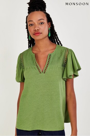 Monsoon Green V-Neck Woven Top in Linen Blend (T26541) | £45