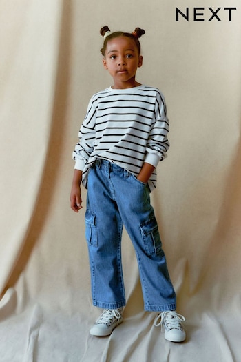 Mid Blue Denim Wide Leg Cargo vented Trousers (3-16yrs) (T31126) | £16 - £21