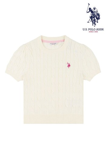 U.S. Polo Assn. Girls Cream Cable Knit Short Sleeve Jumper (T31173) | £40 - £48