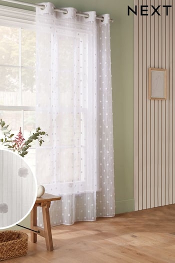 White Pom Pom Eyelet Unlined Sheer Panel Voile Curtains (T31909) | £20 - £28