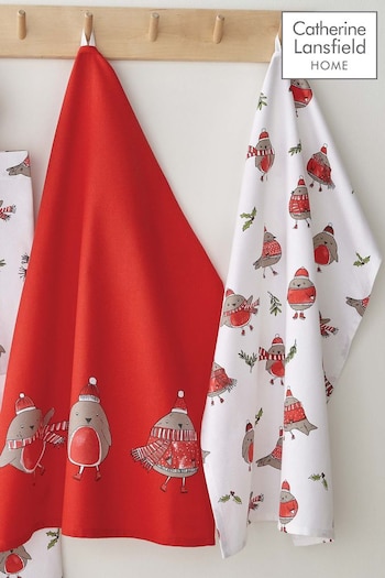 Catherine Lansfield Set of 2 Red Christmas Robins Tea Towels (T37439) | £10