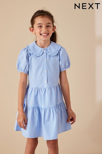 Blue Cotton Rich School Gingham Tiered Pretty Collar Dress (3-14yrs) (T40874) | £10 - £16