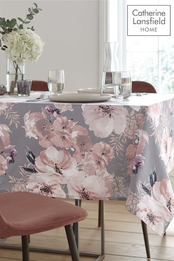 Catherine Lansfield Grey Dramatic Floral Table Cloth (T42249) | £18 - £22