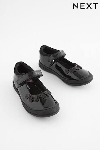 Black Butterfly Detail Wide Fit (G) Junior Leather School Mary Jane zip Shoes (T42453) | £30 - £36