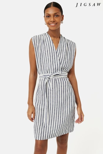 Jigsaw Blue Linen Stripe Wrap Dress (T43099) | £130