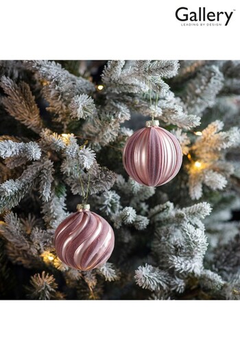 Gallery Home Set of 6 Pink Assorted Blush Flock Stripe Christmas Baubles (T44014) | £19