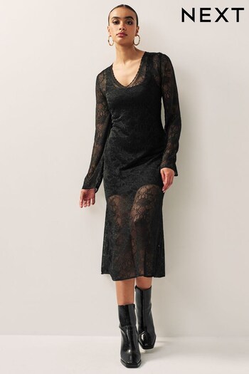 Black Knit Lace Maxi Dress (T44510) | £50