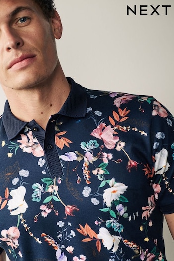 Navy Blue Winter Floral Print Polo Shirt (T44556) | £30