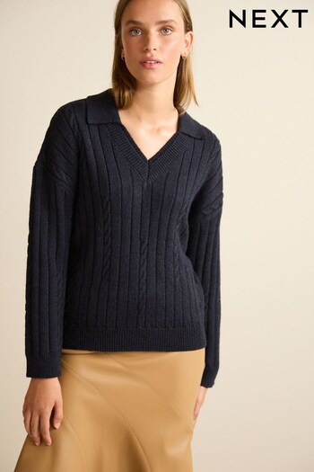 Navy Blue Cable Detail Polo Neck Jumper (T44633) | £42
