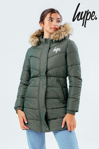 Hype. Green Longline Contrast Faux-Fur Puffer Hood Coat (T45115) | £60