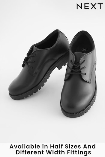 Black Wide Fit (G) School Leather Lace-Up Botas Shoes (T45261) | £30 - £37