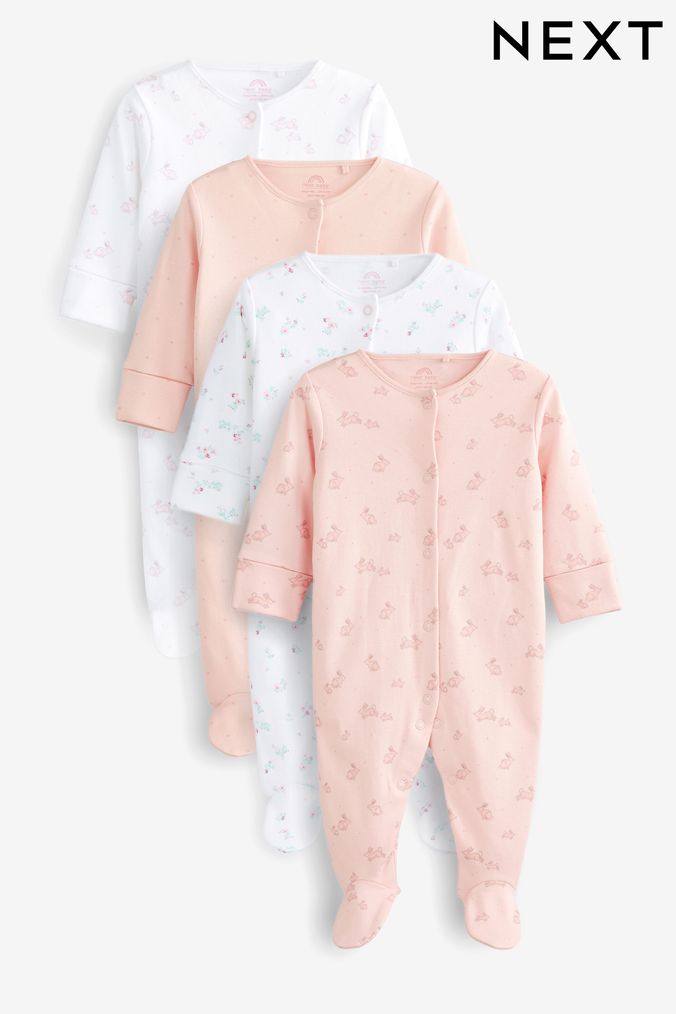 Pale Pink Delicate Bunny 4 Pack Baby Sleepsuits (0-2yrs) (T47131) | £18 - £20