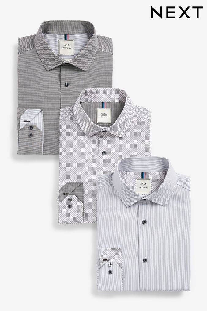 Grey Slim Fit Single Cuff Shirts 3 Pack (T47255) | £68