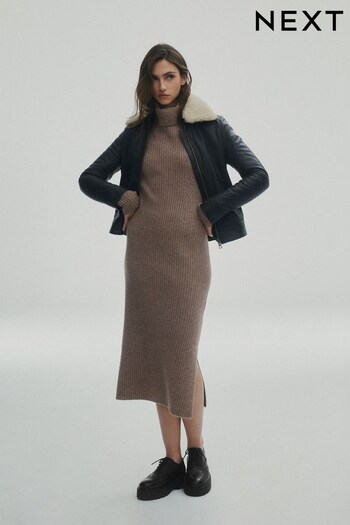 Mole Brown Premium 100% Wool Roll Neck Midi Dress (T47341) | £130