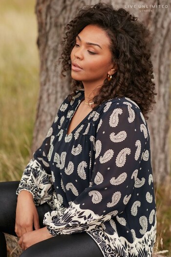 Live Unlimited Curve and Stone Paisley Print Ruched Front Black Blouse (T48114) | £69
