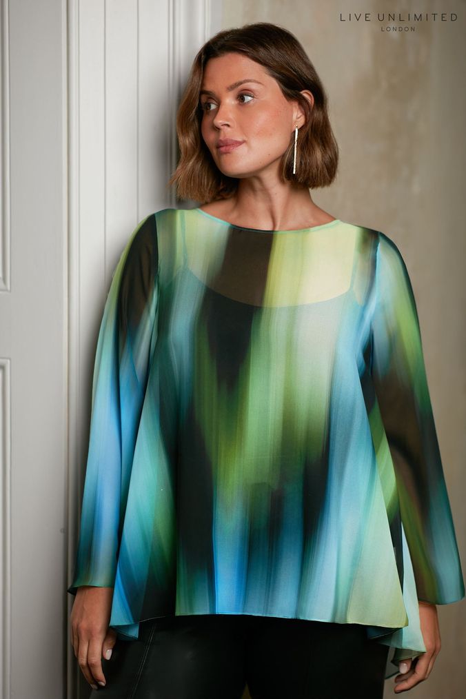 Live Unlimited Curve Blue Ombre Print High Low Chiffon Top (T48121) | £69