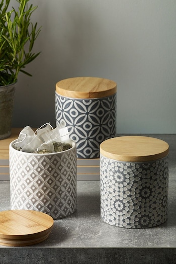 Grey Grey Geo Ceramic Set of 3 Storage Jars Kitchen Storage (T49436) | £30