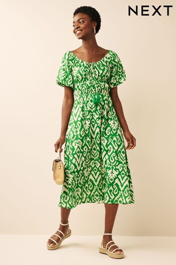 Green Puff Sleeve Linen Midi Dress (T49440) | £44