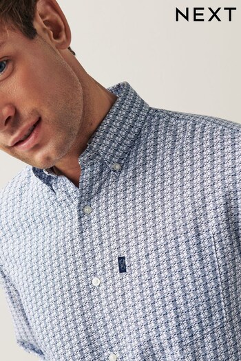 White/Navy Blue Camera Regular Fit Easy Iron Printed Oxford Shirt (T50911) | £22