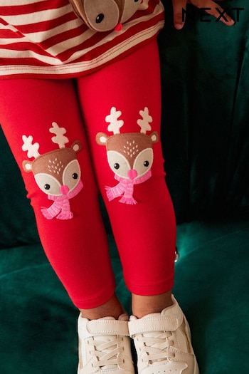 Red Christmas Reindeer Embroidered Braun Leggings (3mths-7yrs) (T50929) | £6 - £8
