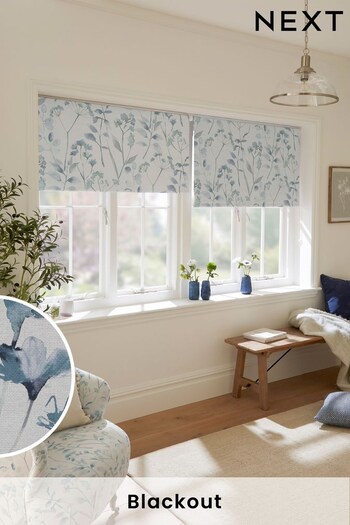 Blue Isla Floral Ready Made Blackout Roller Blinds (T50930) | £18 - £46